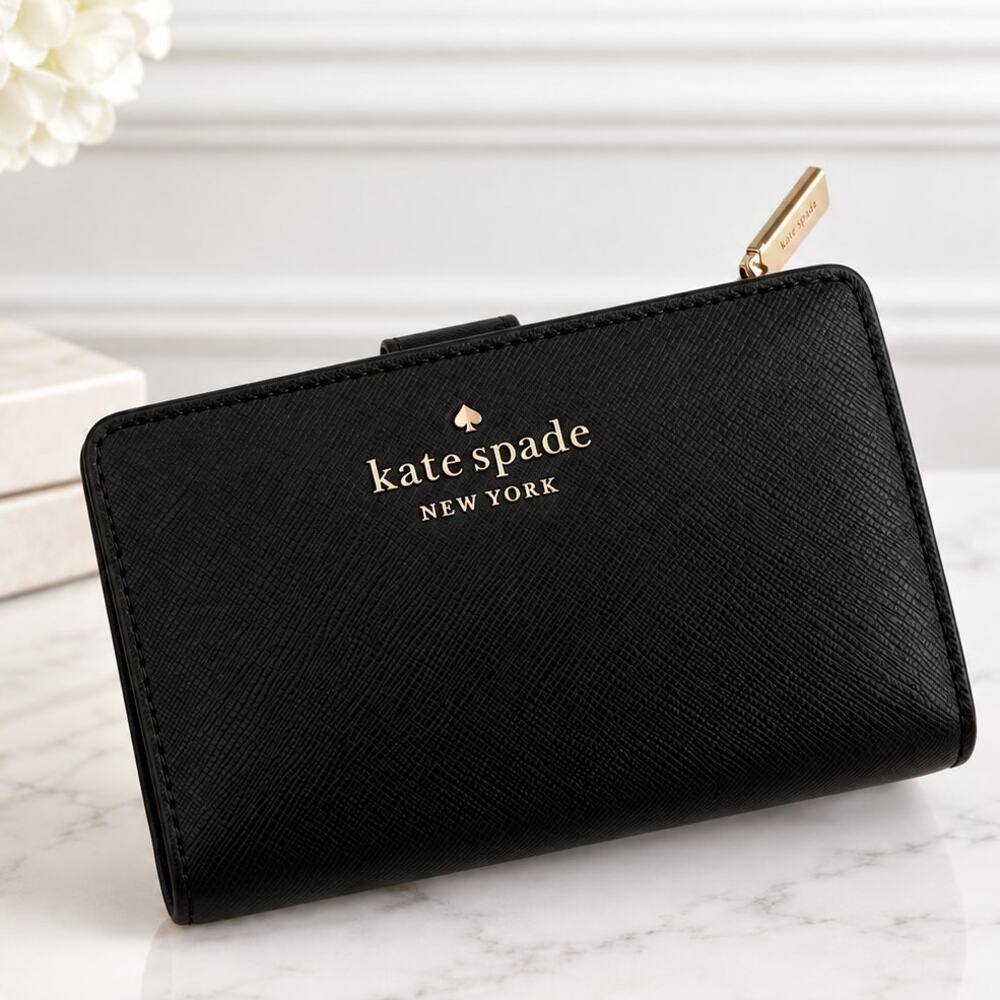 Kate Spade Staci Compact Bifold Black Leather Wallet NEW Gold-tone Hardware